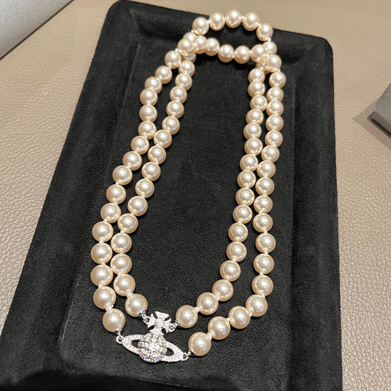 The Queen Mother of the West double-layer pearl retro vintage temperament inlaid with gold-plated diamond Saturn necklace choker