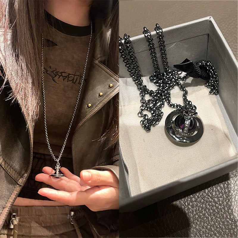 West Queen Mother Medium Gun Black Grape Purple Ball Flyer orb necklace three-dimensional Saturn planet sweater chain long chain