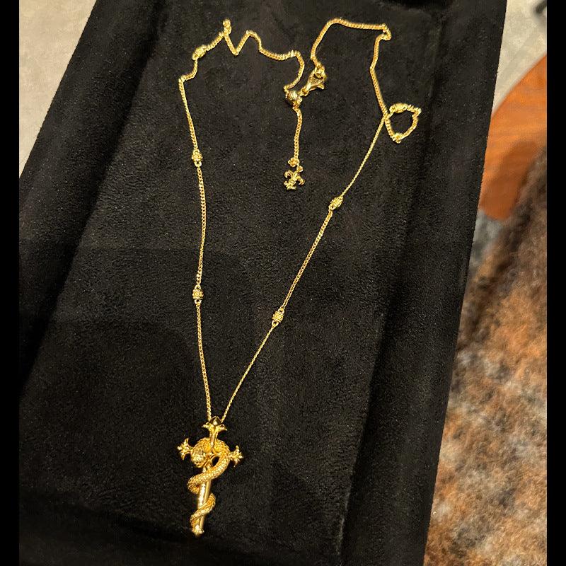 Gold Flat Snake Scepter Necklace 925 Silver Cross Clavicle Chain Zodiac Snake Natal Year Live Broadcast Hit