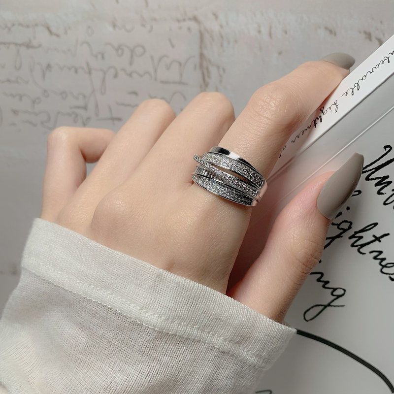 French light luxury designer diamond zircon ring Internet celebrity heavy industry shiny multi-layer index finger ring female adjustable