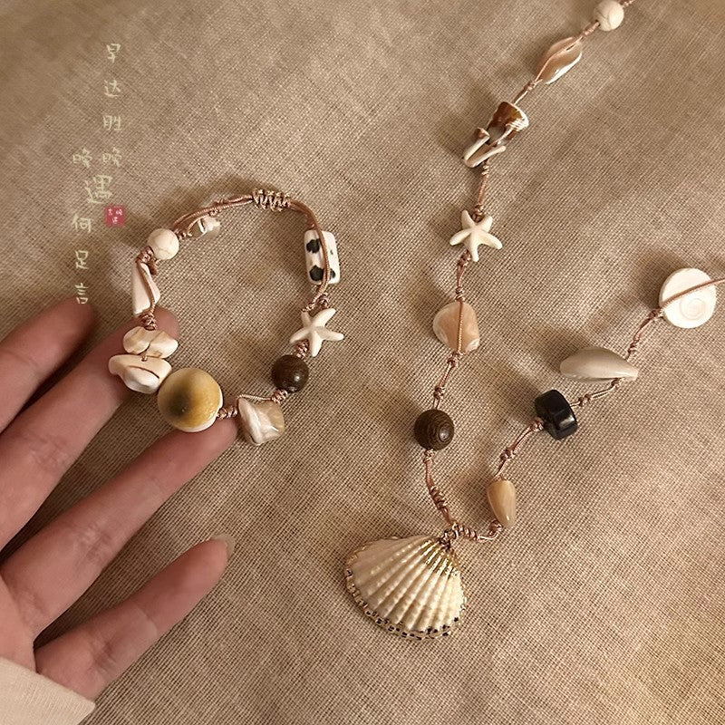 Handmade~ Imitation natural stone shell necklace women's spring and summer seaside vacation style collarbone chain Bohemian style accessories