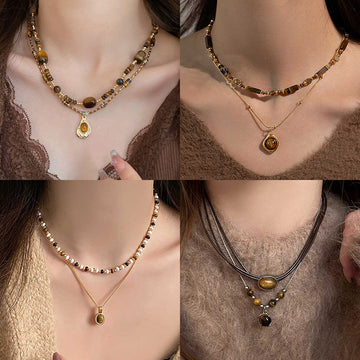 Autumn and winter retro flowers, round artificial tiger's eye necklace, high-quality sweater chain, light luxury, niche sweatshirt necklace