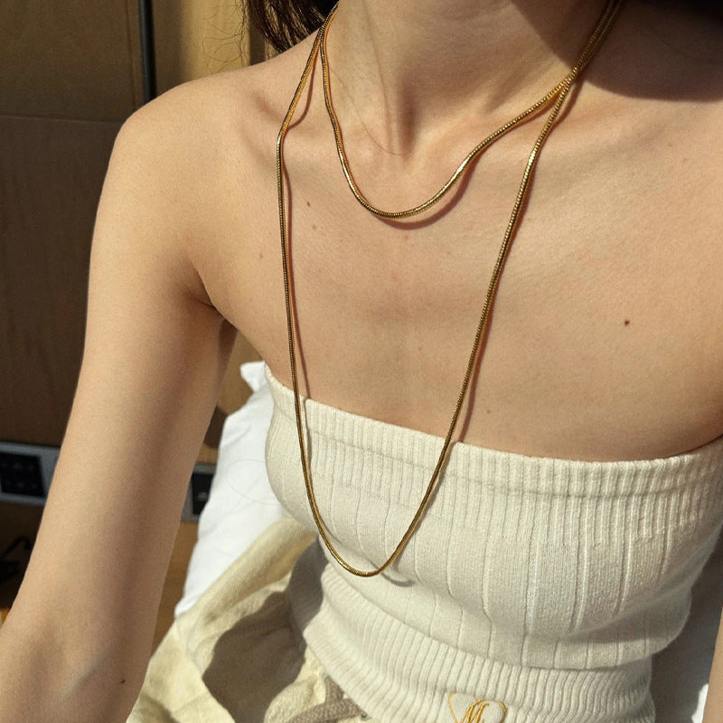 European and American fashion sterling silver round snake bone chain niche cold wind silver jewelry does not fade, simple and versatile necklace