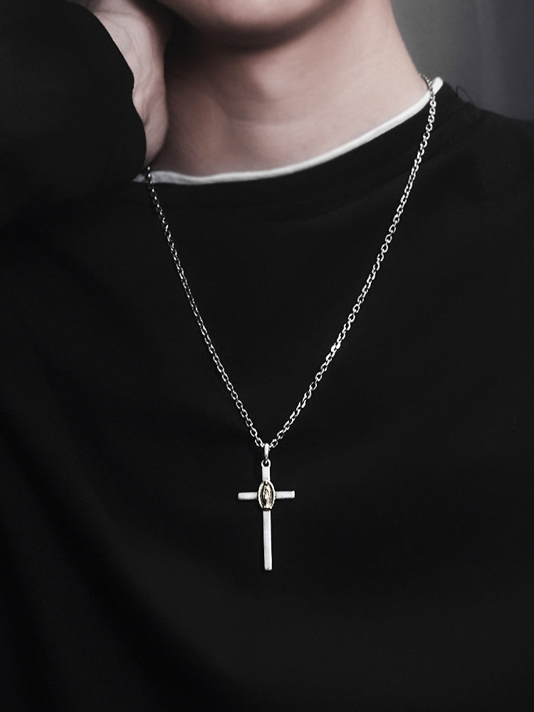 Tide s925 silver European and American cross necklace pendant men and women blue zircon Internet celebrity hip hop fashion simple personality pendant
