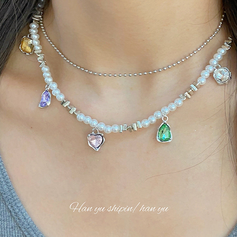 new sweet and cool double-layer pearl love necklace women's fashion personality color crystal collarbone chain niche versatile