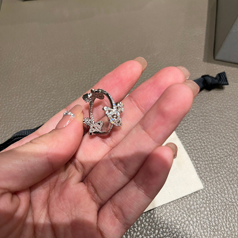 High quality Queen West full diamond oblique set three Saturn rings finely set hollow flat planet index finger ring ring