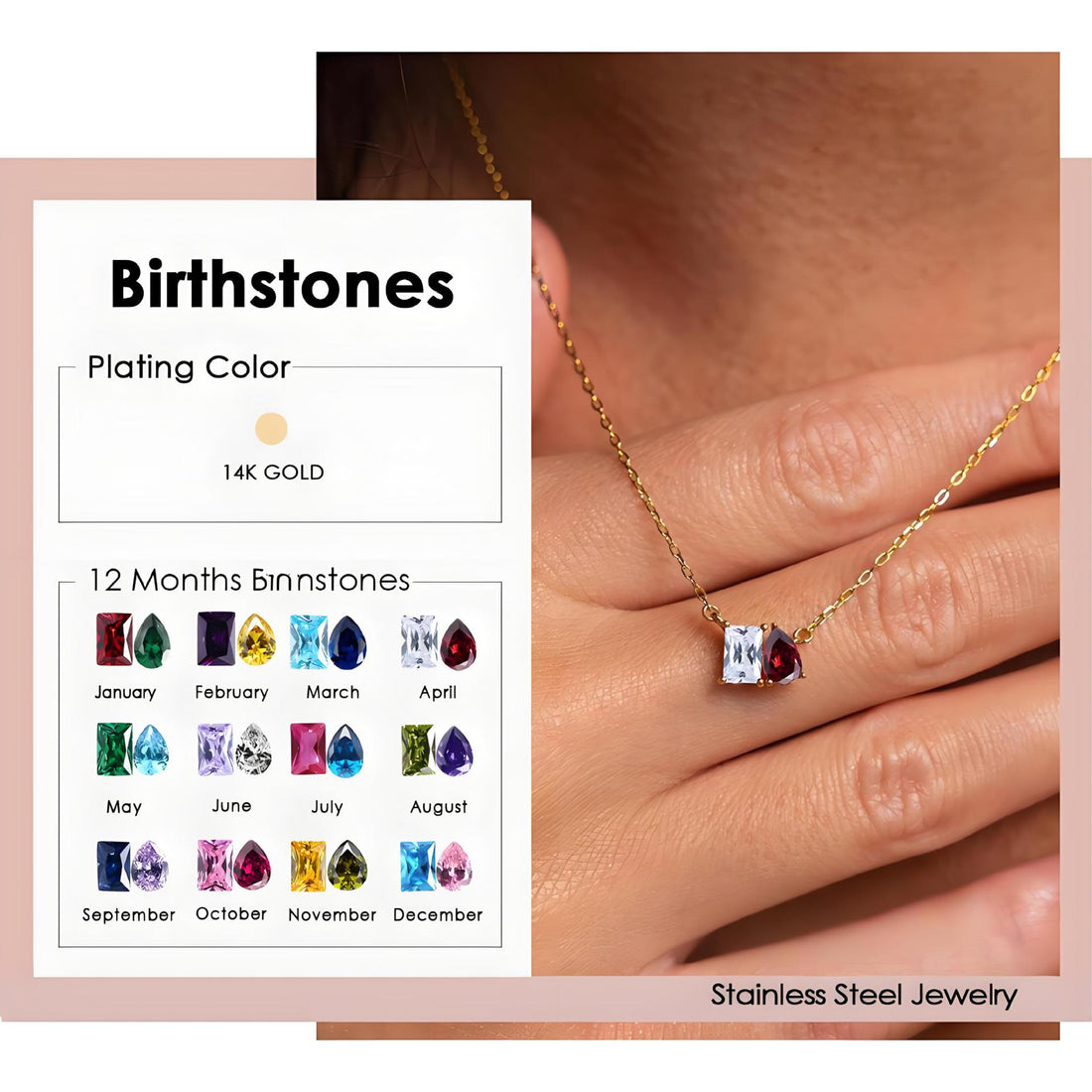 European and American cross-border new pear-shaped square birthstone zircon necklace fashionable simple pendant necklace gift jewelry women