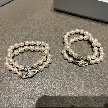 The Queen Mother of the West double-layer pearl full of diamonds Saturn bracelet retro and vintage temperament diamond-encrusted gold-plated hand ornament