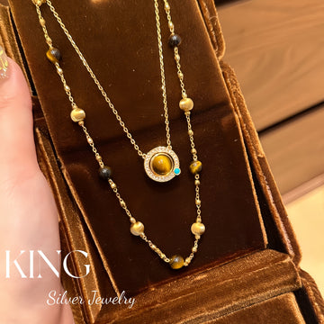 Tiger Eye Planet | Vintage Double-Sided Tiger Eye Opal Cat Eye Necklace Stacked with Niche Necklace Gold Bead Bracelet Accessories