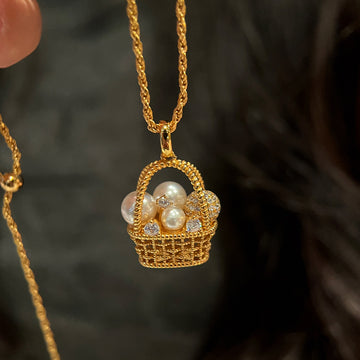 Live broadcast explosive silver basket necklace three-dimensional woven basket pearl inlaid diamond pendant Seiko versatile necklace