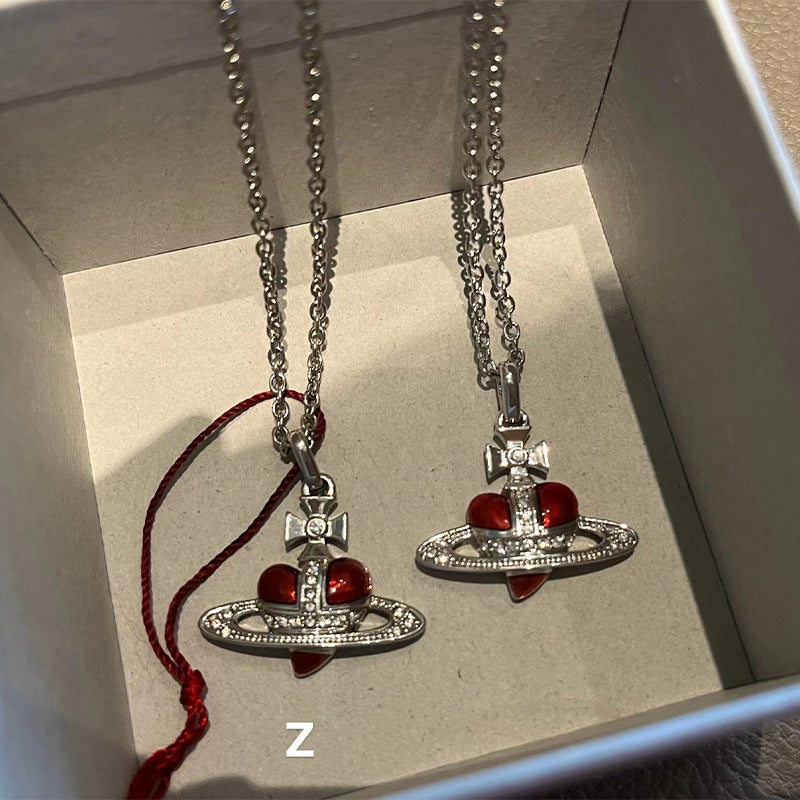 Queen Mother of the West enamel Saturn red heart necklace black enamel heart necklace punk babes jewelry