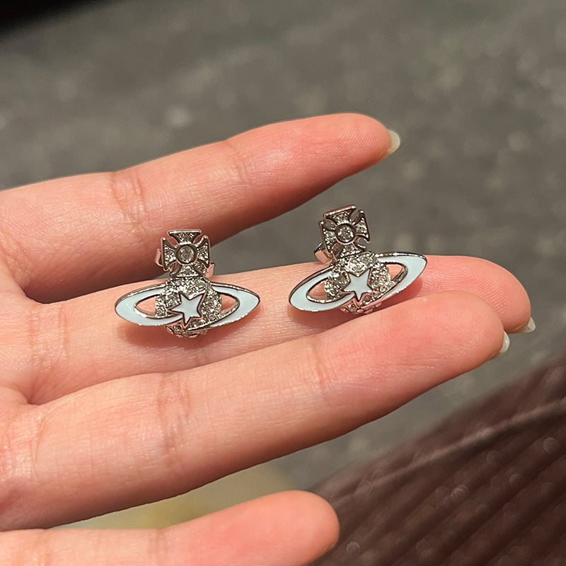 Seiko West Queen Mother Blue White Star Meteor Pentagram Star Stud Earrings Full Diamond Saturn Planet Sweet Cool Wind Earrings