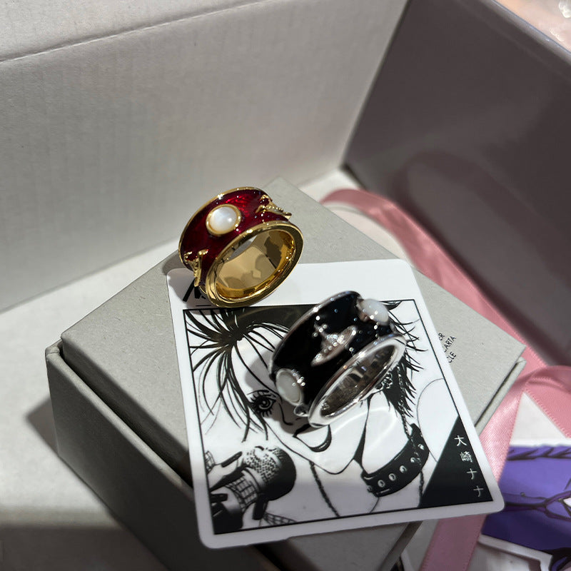 New Queen Mother Medieval King Ring Wide Edition Saturn Ring Enamel Glazed White Fritillary Personality Punk Couple