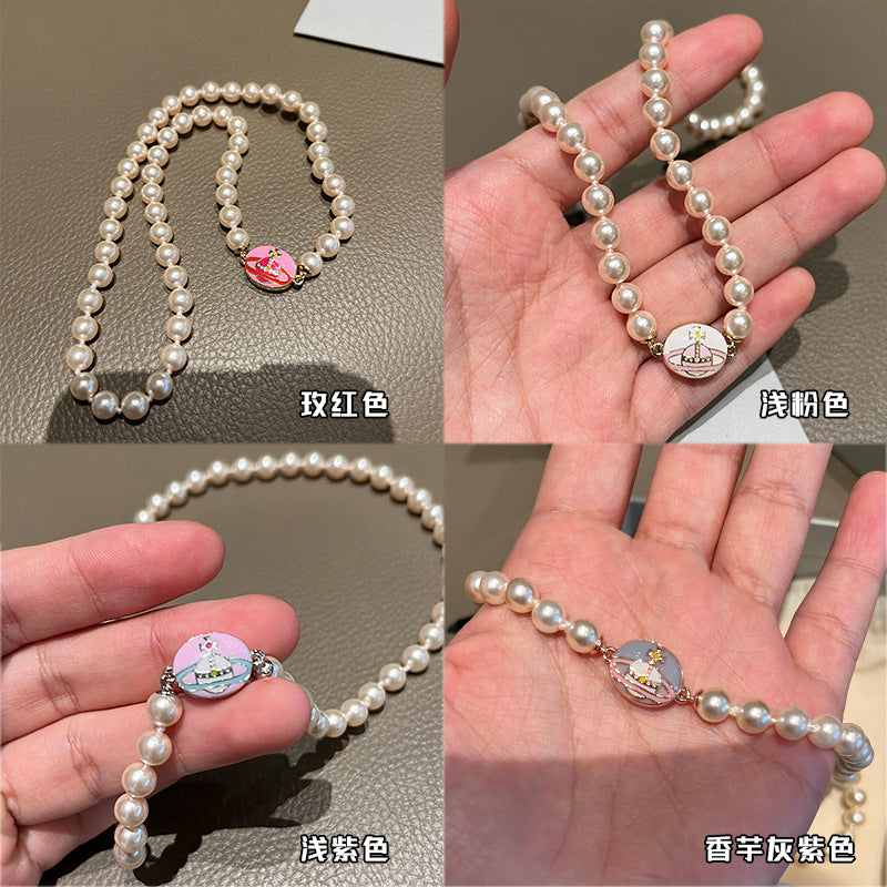 Queen Mother West, color enamel buckle, pearl necklace, enamel magnetic buckle pendant, sweet cool wind, niche magnetic clavicle chain