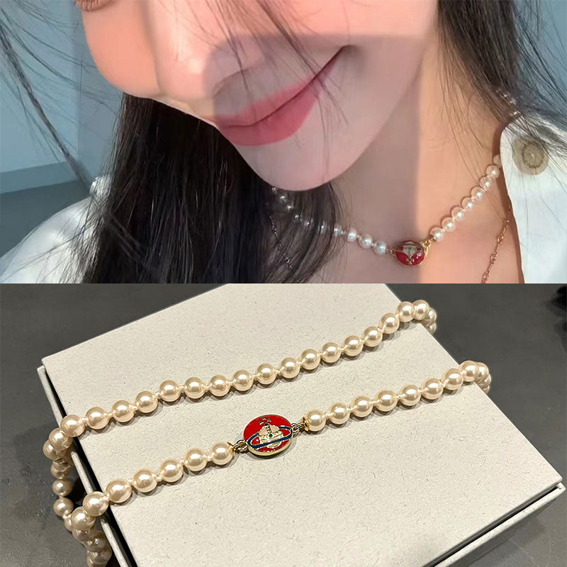 Queen Mother of the West, black enamel buckle, pearl necklace, magnetic buckle, enamel clavicle chain, sweet cool style Internet celebrity Choker jewelry