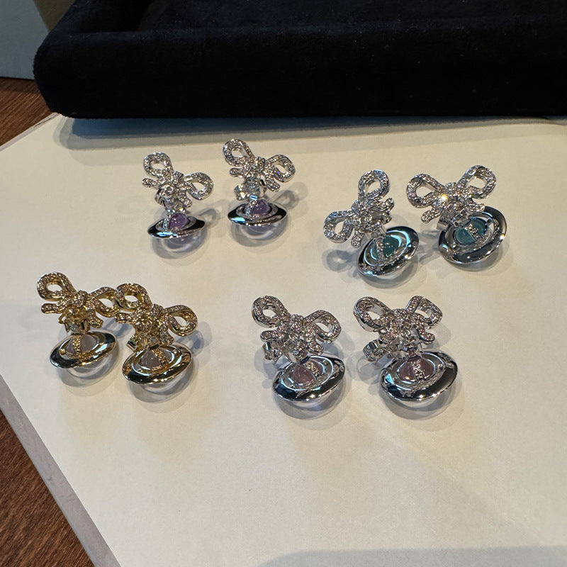 Queen Mother of the West orb bow planet stud earrings girl sweet cool earrings 925 silver gold powder silver purple