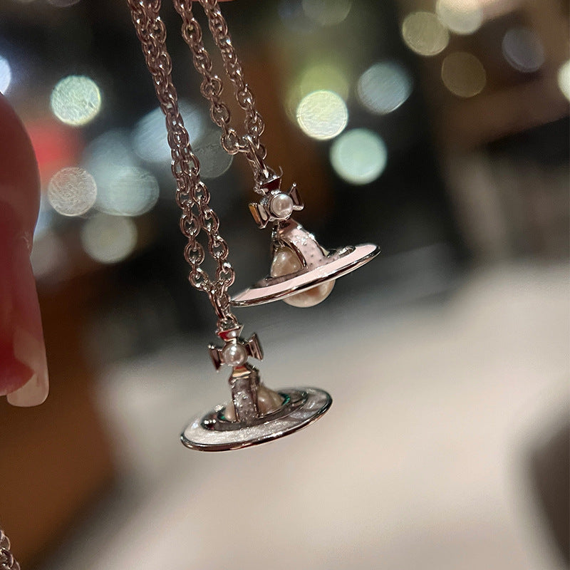 High version Queen West enamel Saturn Aviator necklace gilt orb pearl pendant girly clavicle chain