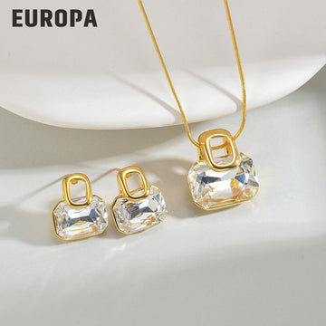 Market new temperament fashion OL simple geometric zircon earrings necklace set high-end stainless steel jewelry women