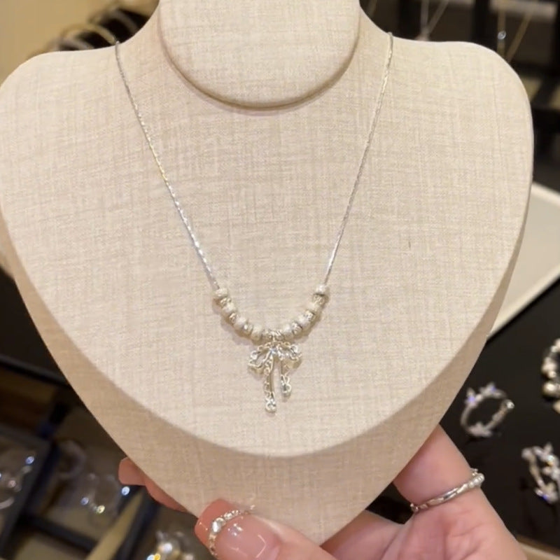 Broken silver pearl necklace women's light luxury small fragrant celebrity square pink zircon pendant exquisite fashion collarbone chain