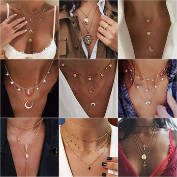 alloy multi-layer necklace, hip-hop style, stars, moon pendant, fashion temperament, human avatar collarbone chain explosion