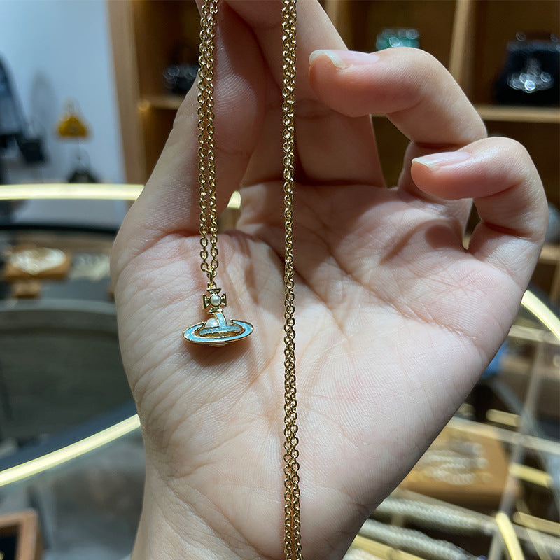 Queen Mother of the West enamel Saturn chain necklace blue enamel flat gilt planet clavicle chain stacked