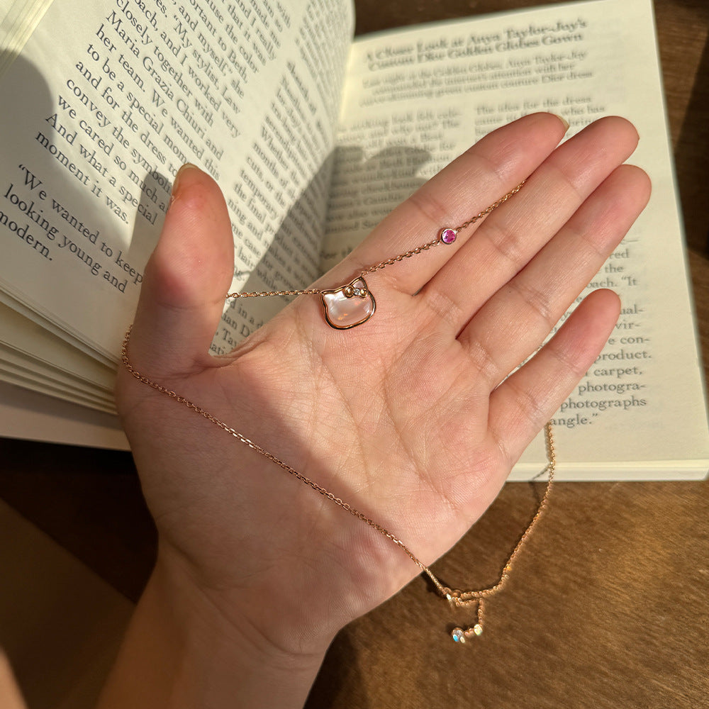 Live broadcast popular pink shell kitten necklace 925 silver natural fritillary KT cat pendant sweet girly necklace