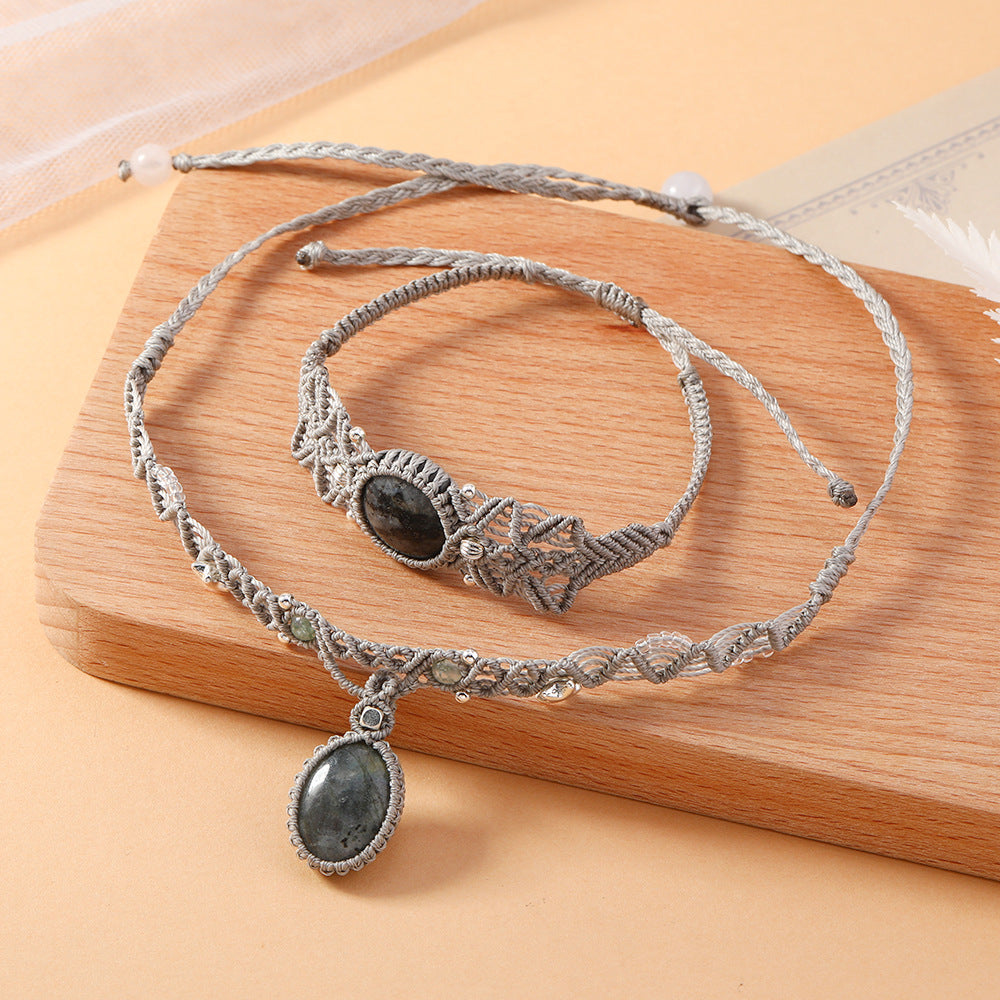 fashion temperament jewelry natural stone hemming diagonal roll weaving set necklace bracelet handmade craftsmanship
