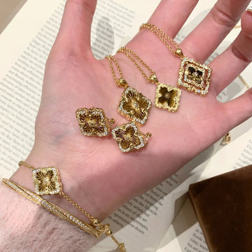 High-end Italian Buccella Tiger's Eye Clover Bracelet Opera Earrings Court Style Diamond Necklace Set