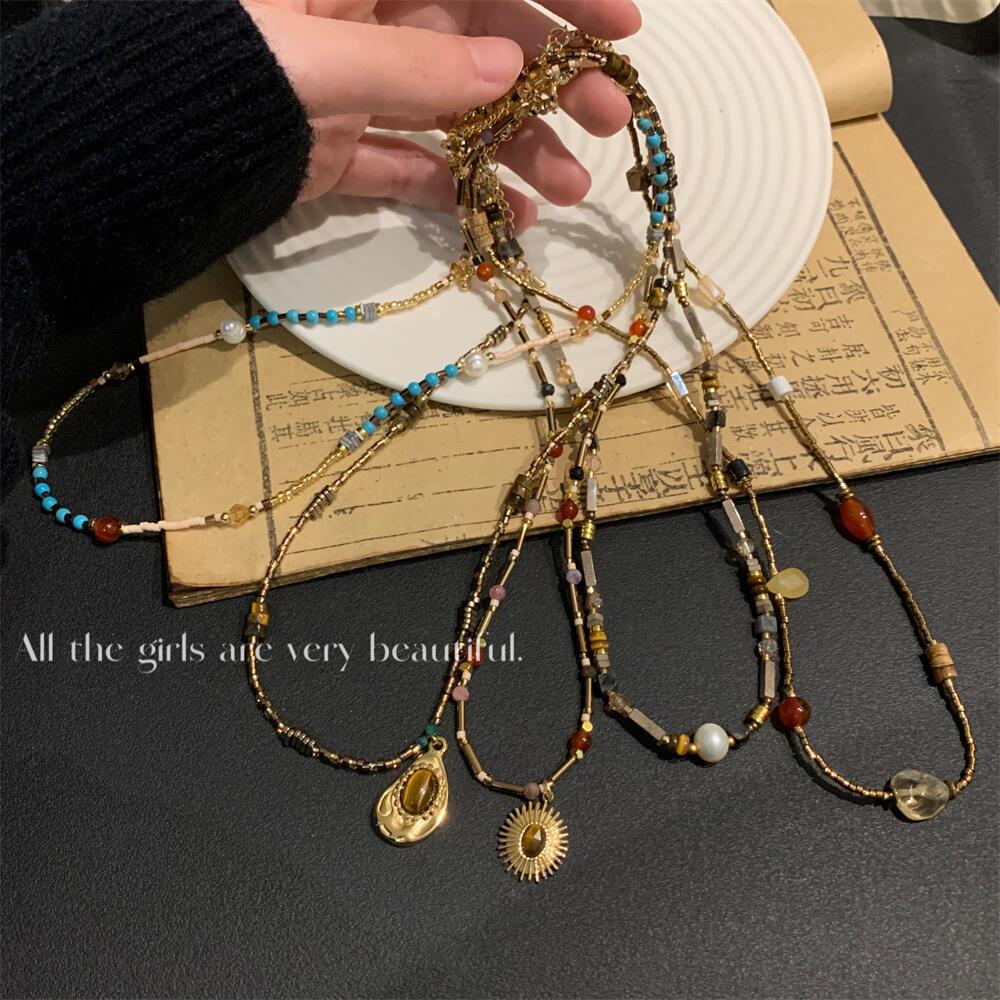 handmade beaded agate natural stone necklace, contrasting rice beads and pearls stacked with premium collarbone chain