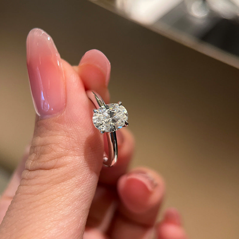 Live broadcast hit straight arm simple oval diamond ring S925 sterling silver jewelry flat imitation diamond ring index finger ring