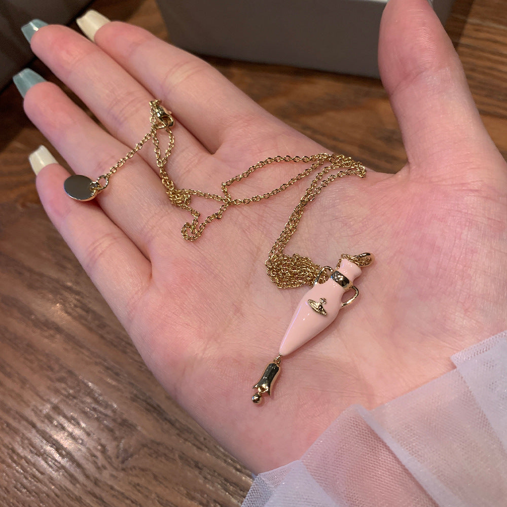 New Queen Mother Three-dimensional Enamel Vase Necklace Peach Pink Flower Saturn Pendant Niche Sweet Cool Style Necklace