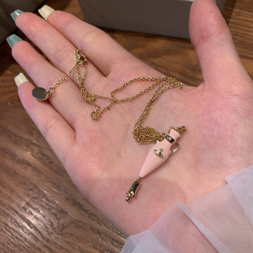 New Queen Mother Three-dimensional Enamel Vase Necklace Peach Pink Flower Saturn Pendant Niche Sweet Cool Style Necklace