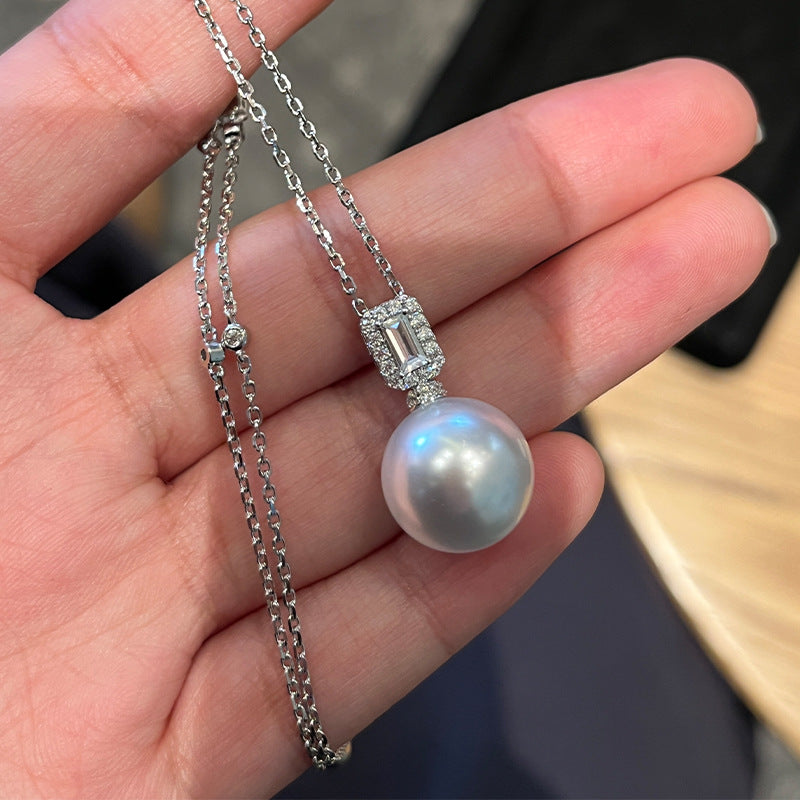 Live broadcast hit sterling silver 14mm Australian white flat single pearl necklace full diamond sugar cube rock candy heart pendant clavicle chain