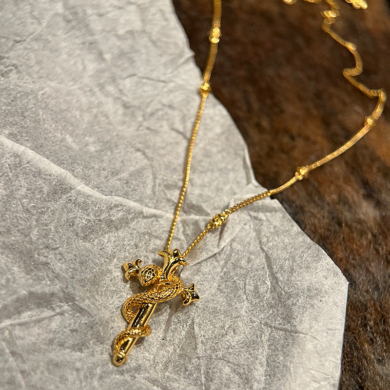 Gold Flat Snake Scepter Necklace 925 Silver Cross Clavicle Chain Zodiac Snake Natal Year Live Broadcast Hit
